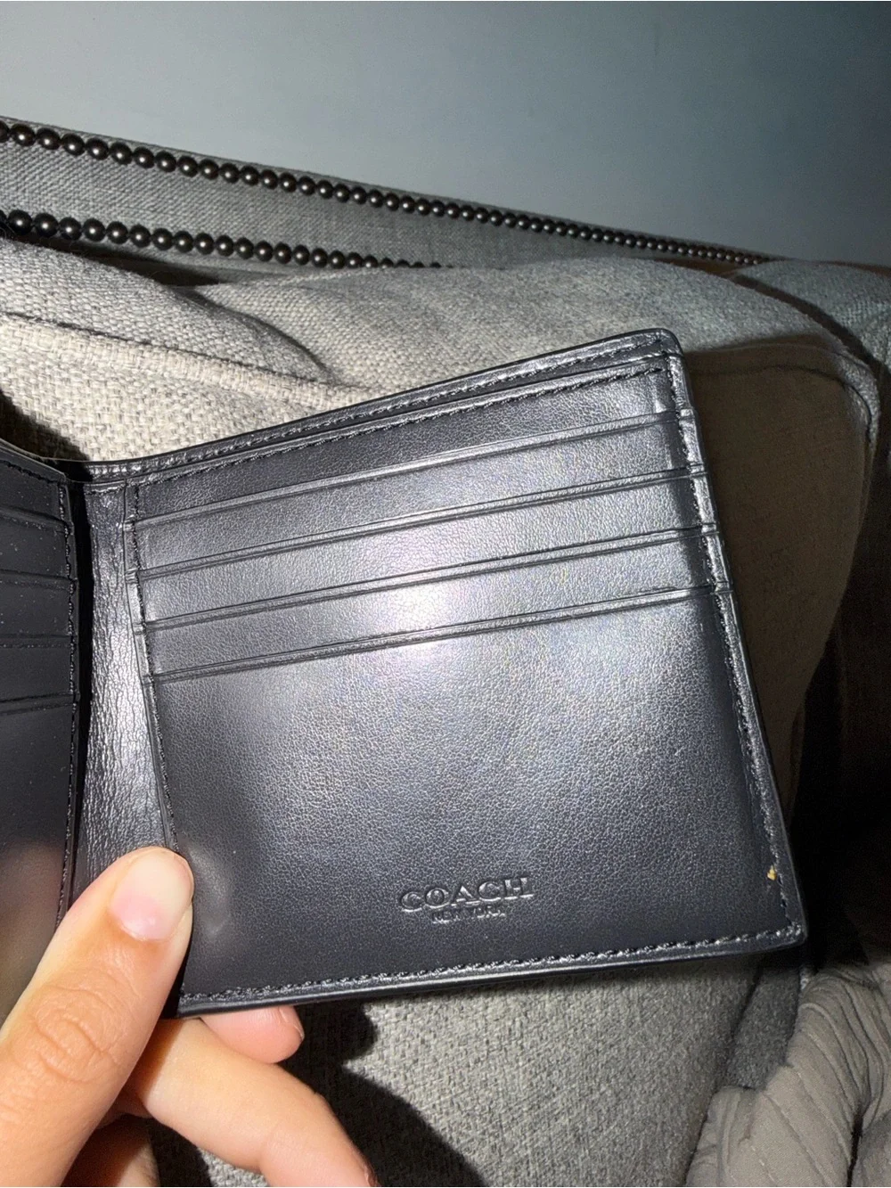 Unisex Coach Brown Signature Pattern Leather Bi-Fold Wallet